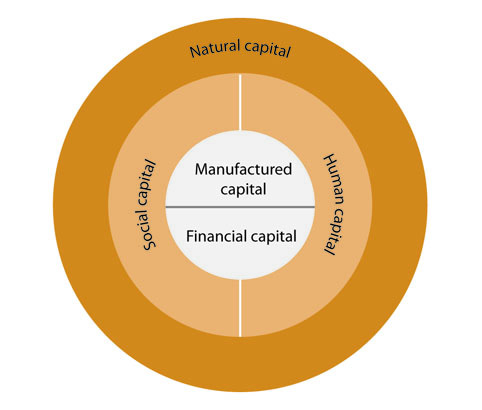 Five capitals are essential for human wellbeing. A diagram of a circle shows manufactured capital and financial capital at its core. The next layer is social capital and human capital, and then the next layer is natural capital. 