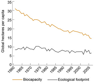 A line graph shows the biocapacity and ecological footprint of Australia in global hectares per capita from 1960 to 2005. There is an overall decline in biocapacity; in 1960 Australia had around 30 global hectares per capita, but in 2005 this had declined to around 15 global hectares per capita. Australia’s ecological footprint has remained roughly stable but showed a slightly declining trend; from around 8 global hectares per capita in 1960 to around 6 global hectares per capita in 2005.