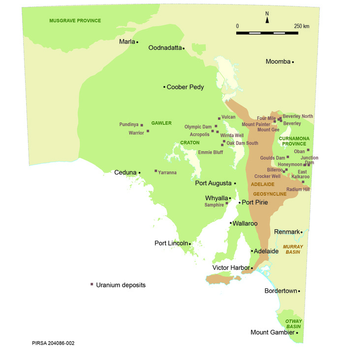 Map of the location of uranium deposits in South Australia.