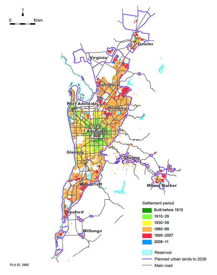 Map of residential development of Greater Adelaide between pre-1910 and 2011, and planned development areas to 2038, showing the contrast between the more compact city of the first century of its development and the sprawl of the city in the 1930s, which is continuing 