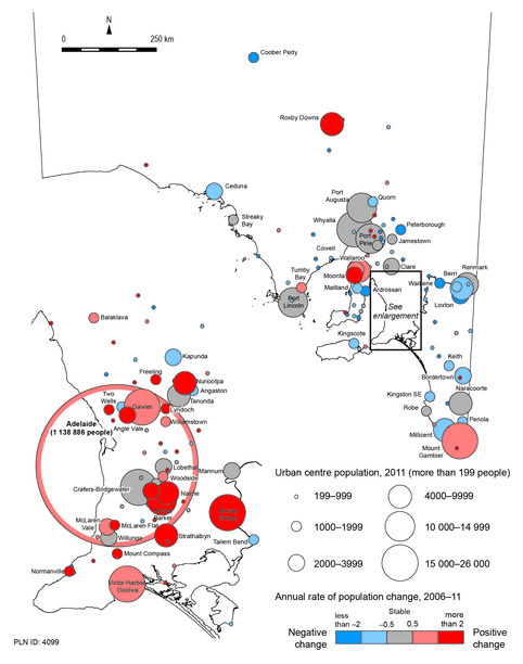 Map of the estimated resident population of urban centres in South Australia in 2011 and the average annual change in estimated resident population between 2006 and 2011 showing the variations in growth rates across the State