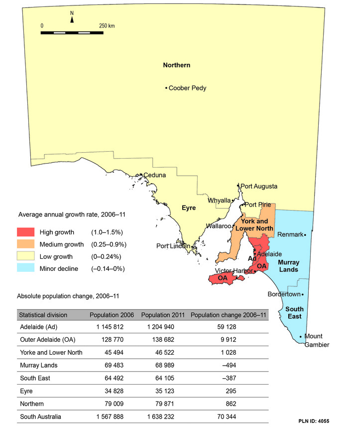 Map comparing the population trends of the seven statistical divisions of South Australia between 2006 and 2011 showing a minor decline in population in the Murray Lands and South East, medium growth in the Yorke and Lower North area, high growth for Adelaide and Kangaroo Island, and low growth for the rest of the state. 