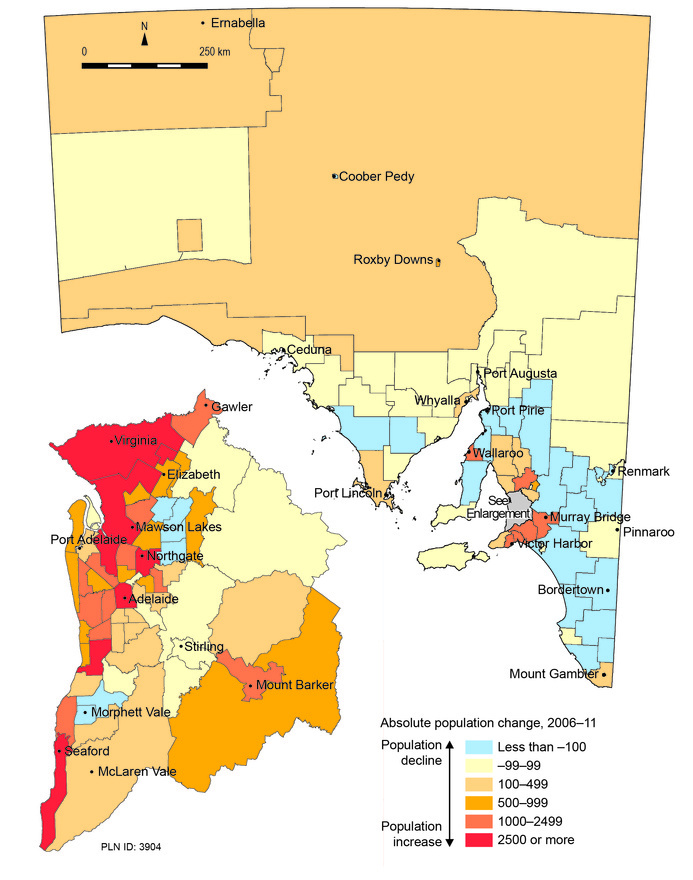 Map comparing the absolute population trends by statistical local area for South Australia between 2006 and 2011 showing pronounced spatial differences in population figures as described in the text. 