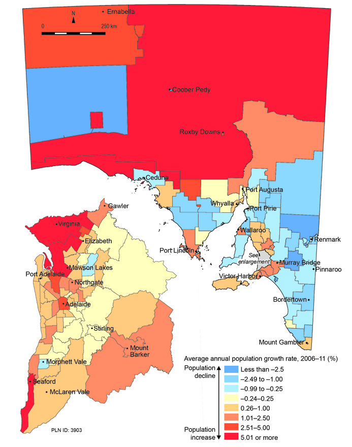 Map comparing the average annual percentage change in estimated resident population by statistical local area between 2006 and 2011 showing pronounced spatial differences in population figures as described in the text.