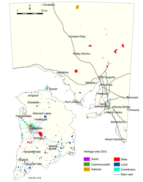 Map of the location of heritage sites in South Australia in 2012.