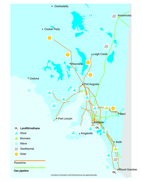 Map of locations with potential for renewable energy development in South Australia distinguishing between landfill methane, wind, biomass, wave, geothermal and solar. 