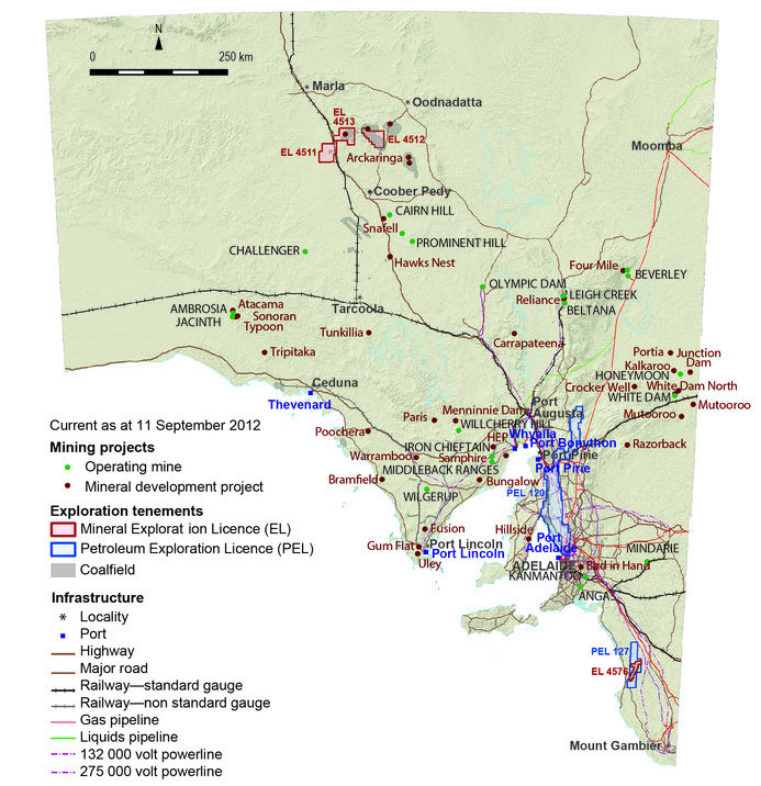 Map showing areas of oil and gas infrastructure, and mining and coal gasification projects in South Australia