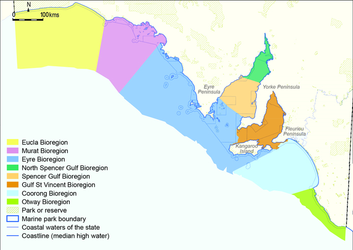 Map of South Australia’s eight marine bioregions, which also shows the boundaries of marine parks.