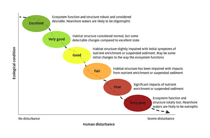 Graph showing negative correlation between ecological condition and level of human disturbance for shallow nearshore marine waters in South Australia.