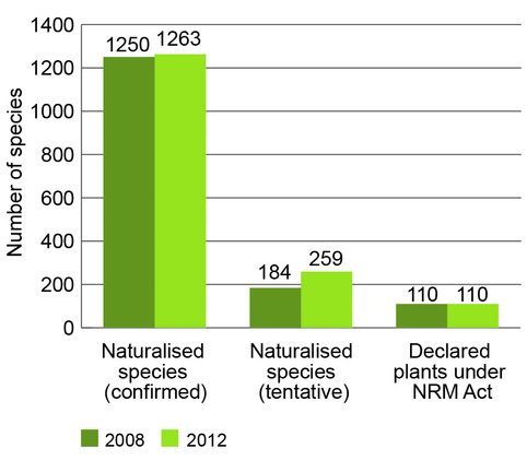 Graph of changes in the number of introduced plants in South Australia between 2008 and 2012 showing a small increase of 13 (about 1%) in confirmed naturalised species and a further 75 tentative species. 
