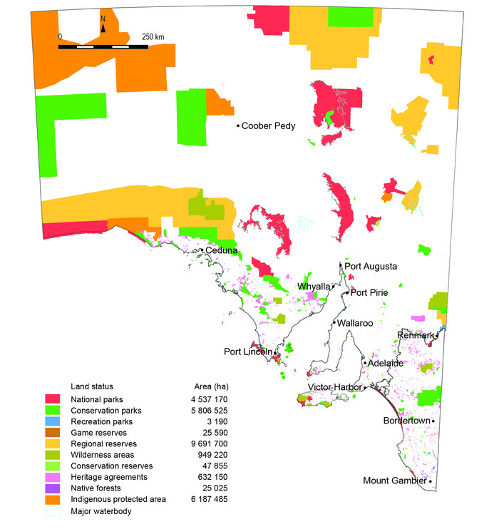 Map of protected areas in South Australia showing that the largest land areas under protection are in the northern half of the state. 